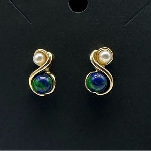 Vintage Gold-tone Earrings Faux Pearl & Green Blue Sphere Pierced Elegant